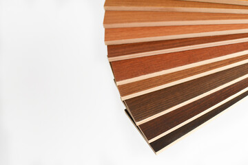 Naklejka na ściany i meble Color wood samples. Сatalog of wood materials for design on a light background. Collection of surface boards. Wood color and texture samples.