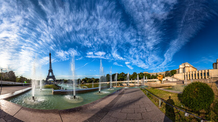 Scenic panorama of the Eiffel Tower in Paris, France. 360 degree panoramic view