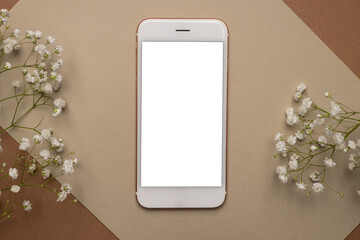 Mobile phone with white screen and dry flower branch and stone on a light brown background. Trend, minimal concept with copyspace