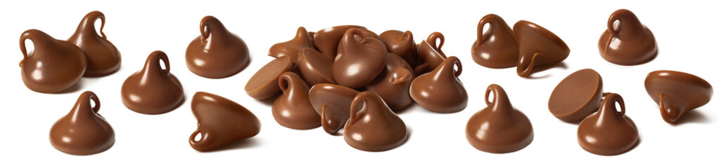 Chocolate drops or chips set isolated on white background