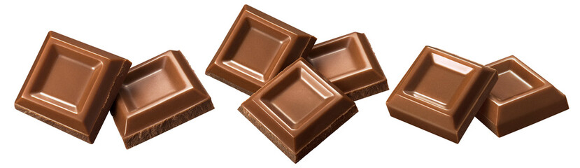 Pieces of broken chocolate bar isolated on white background. Set for package design