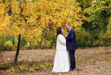 
bride and groom hugging in yellow autumn trees