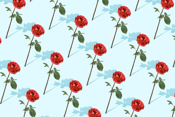 Rose flower minimal pattern. Red flower floral layout with blue background. Red, green and blue minimal creative sunlight pattern