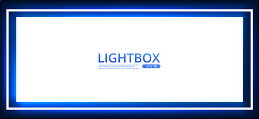 White lightbox screen with neon light on wall. Modern night backgtound with cinema display template design. Vector realisitc mockup.