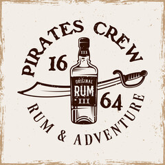 Bottle of rum and saber vector pirate emblem in vintage style isolated on background with removable grunge textures - obrazy, fototapety, plakaty