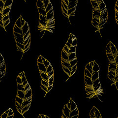 Hand-drawn seamless pattern with Sketch style bird feathers. Black and gold title background. Trendy boho chic, Tribal template
