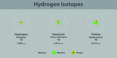 H Hydrogen Isotopes structure chemistry Infographic - Protium, Deuterium and Tritium - chemical Useful diagram showing protons, neutrons and electrons, for education, lab, physics and science lecture.