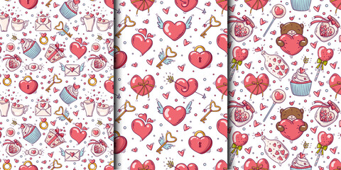 Set of seamless patterns with valentines day and love objects in doodle style on white background