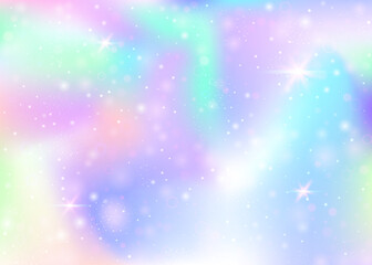 Holographic background with rainbow mesh. Kawaii universe banner in princess colors. Fantasy gradient backdrop with hologram. Holographic magic background with fairy sparkles, stars and blurs.