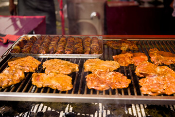 Grilled meat, skewers, and pork chop
