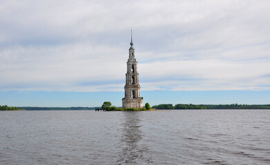 Uglich water reservoir and bell tower of St. Nicholas Cathedral flooded