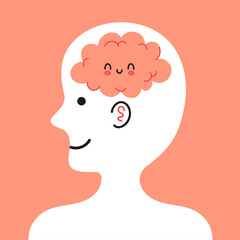 Cute human head in profile with happy brain inside. Good mood, mental, emotional condition concept. Vector cartoon character illustration icon