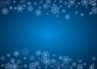 New Year snowflakes on blue background with sparkles. Horizontal Christmas and New Year snowflakes  falling. For season sales, special offer, banners, cards, party invites, flyer. White frosty snow