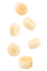 Isolated exotic fruit. Six slices of banana fruits falling down with clipping path. Accurate retouching fruits for package design element. Full depth of field. Food levitation concept.