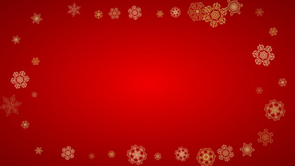 Christmas snowflakes on red background. Horizontal glitter frame for winter banner, gift coupon, voucher, ads, party event. Santa Claus color with golden Christmas snowflakes. Falling snow for holiday