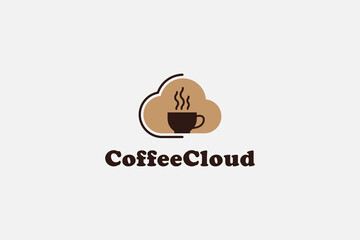 Coffee Logo. A Cup of Hot Smoky Coffee with Cloud Icon Combination in Brown Color isolated on Vintage Background. Flat Vector Icon Design Template Element.
