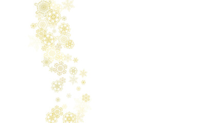 Glitter snowflakes frame on white horizontal background. Shiny Christmas and New Year frame for gift certificate, ads, banners, flyers. Falling snow with golden glitter snowflakes for party invite