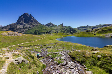Naklejka na ściany i meble View of Ayous lakes and Midi d'Ossau mountain in the Pyrenees (France)