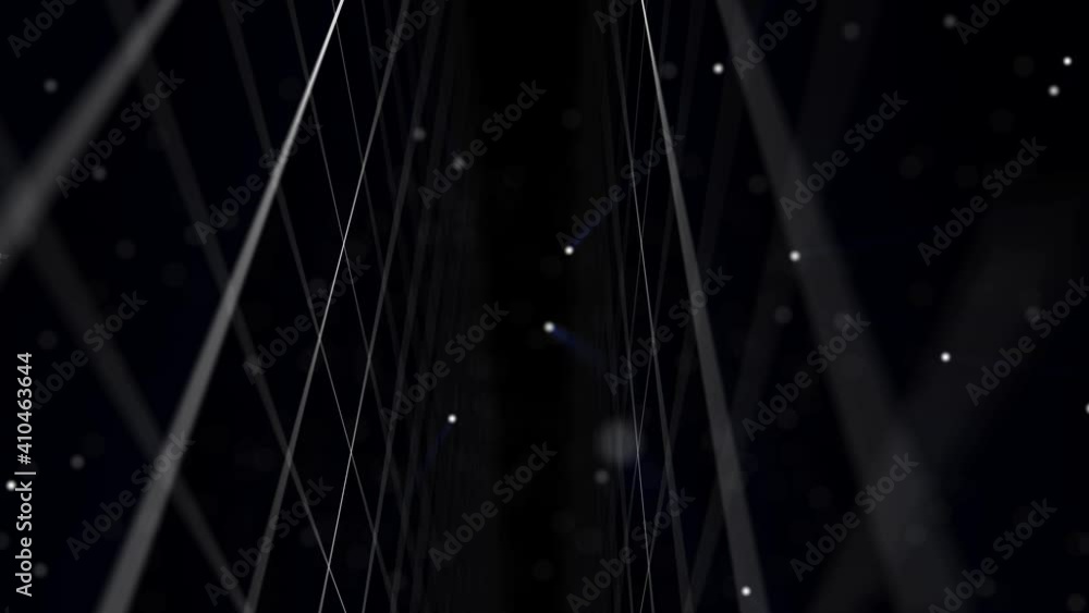 Poster an advanced 3d rendering of a cyberspace with dots falling put on a network from squares in the blac