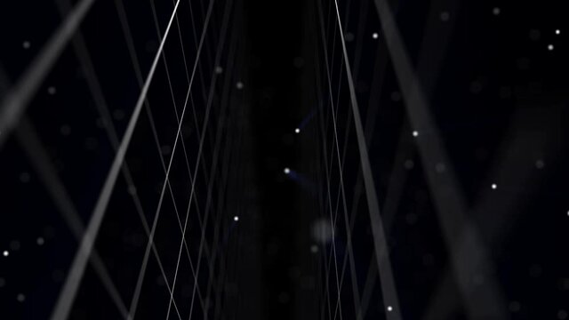 An advanced 3d rendering of a cyberspace with dots falling put on a network from squares in the black background placed askew. Shallow depth of field. Seamless loop.