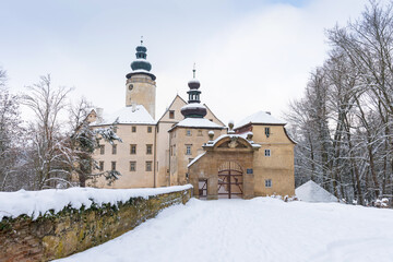 Fototapeta na wymiar Winter Famous tourist Lemberk castle near Jablonne v Podjestedi, Liberec region, Northern Bohemia, Czech Republic Beautiful christmas time in czech landscape.