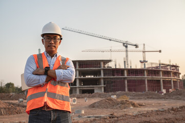 Naklejka na ściany i meble Asian engineer working at site of a large building project,Thailand people,Work overtime at construction site