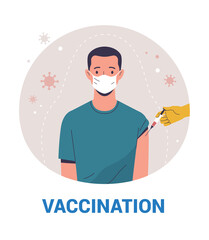 Coronavirus (COVID-19) Vaccination poster template. Vector modern illustration of a young adult man in face mask and a doctor's hand with a syringe. Isolated on background