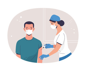 Coronavirus (COVID-19) Vaccination. Vector modern illustration of a young adult man and a doctor with a syringe. Isolated on abstract background
