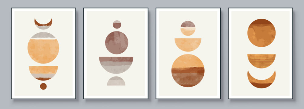 Mid-Century Modern Design. A trendy set of Abstract Hand Painted Illustrations for Postcard, Social Media Banner, Brochure Cover Design or Wall Decoration Background. Aesthetic watercolor.
