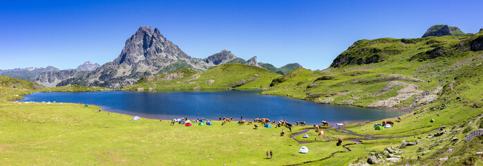 View of Ayous lakes and Midi d'Ossau mountain in the Pyrenees (France)
