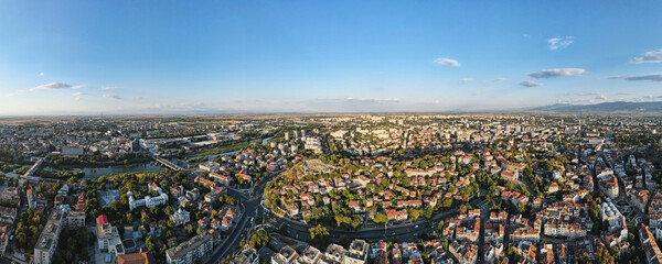 Obraz na płótnie Canvas Aerial sunset view of City of Plovdiv, Bulgaria