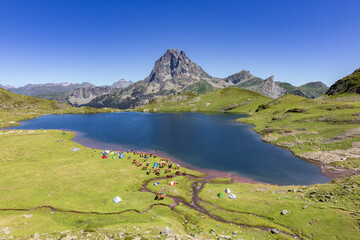 Naklejka na ściany i meble View of Ayous lakes and Midi d'Ossau mountain in the Pyrenees (France)