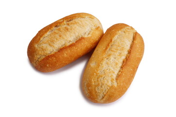 Two fresh crusty mini baguettes isolated on white bacground. Small baguette rolls. Food and breakfast background.  Worldwide hunger concept.