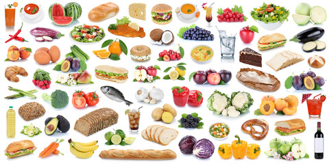 Food and drink collection background collage healthy eating panorama fruits vegetables fruit drinks...