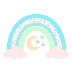 Boho Nursery Rainbow in trendy Scandinavian style, isolated on a white background. Cute hygge illustration for poster, textile, greeting card, kids playroom wall decor. Hand drawn prints and doodle