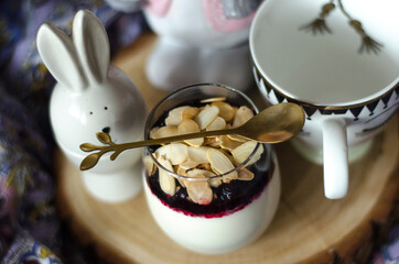 Panna cotta and tea for breakfast in bed