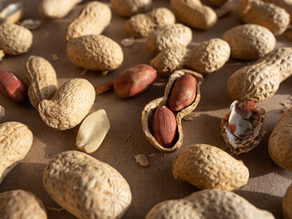 Peanuts in shells and peeled scattered on brown craft paper in the morning light