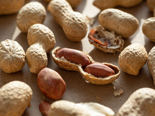 Peanuts in shells and peeled scattered on brown craft paper in the morning light
