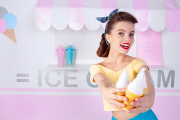 Sexy surprised woman with ice-cream. Colorful background in pop art retro comic style on striped blue background. Pinup and pop art concept