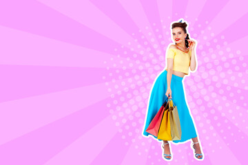 White woman pop art. Caucasian girl hold shopping bag. Comic book cartoon female character. Wow smiling face vector illustration. Vintage halftone background. Happy summer sale, spring, autumn sale.