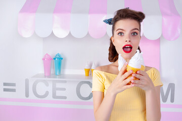Sexy surprised woman with ice-cream. Colorful background in pop art retro comic style on striped blue background. Pinup and pop art concept