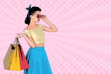 White woman pop art. Caucasian girl hold shopping bag. Comic book cartoon female character. Wow smiling face vector illustration. Vintage halftone background. Happy summer sale, spring, autumn sale.