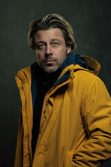 Man with blonde hair in yellow coat in front of grey wall.