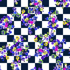Seamless checkers and watercolor flowers pattern, floral print.