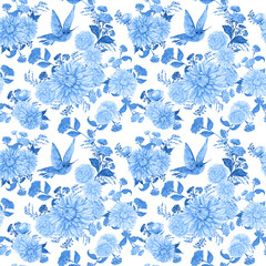 blue flowers birds hummingbirds seamless patterns for printing on textiles and paper
