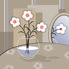 Stylized bouquet of flowers in a glass vase. Decorative still life. Vector illustration. 

