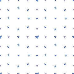 Watercolor seamless pattern. Small blue hearts and flowers on a white background. Cute romantic background for decoration and design for Valentine's day, wedding.