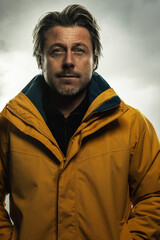 Blonde man in yellow outdoor coat against overcast sky.