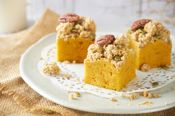 Pumpkin Cube pound cake set on cafe table.