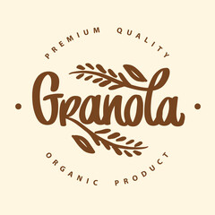 Fototapeta premium Granola organic product logo vector. Handwritten calligraphy. Lettering and spikelets with grains. Healthy food logotype. Emblem of eco breakfast food